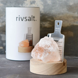 Rivsalt Natural Himalayan Salt with Wood Stand and Stainless Steel Grater Gift Pack