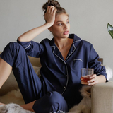 Laing Frank Cotton Pyjama Set Navy in Context at Home